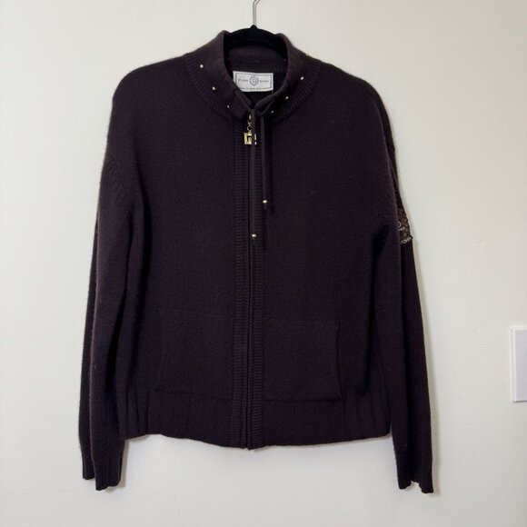 St. John Sport Cashmere Full Zip Cardigan Sweater Women's Size L Logo Jeweled - Picture 1 of 7
